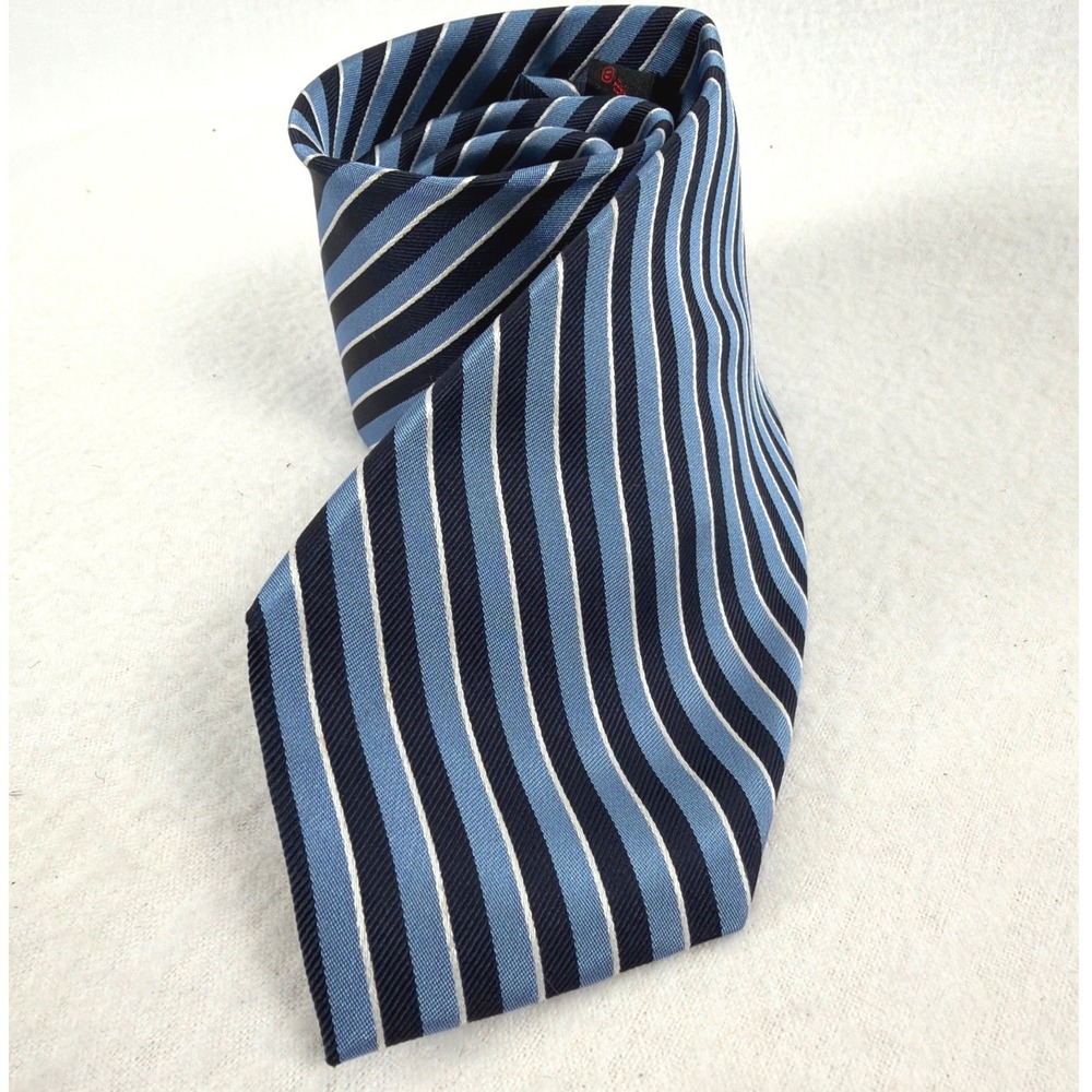 English Laundry Mens Silk Necktie Navy Light Blue White Diagonal Stripe